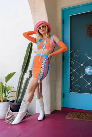 Blue Orange Pink Colorblock Lace Down Top Skirt Set /2-2-1