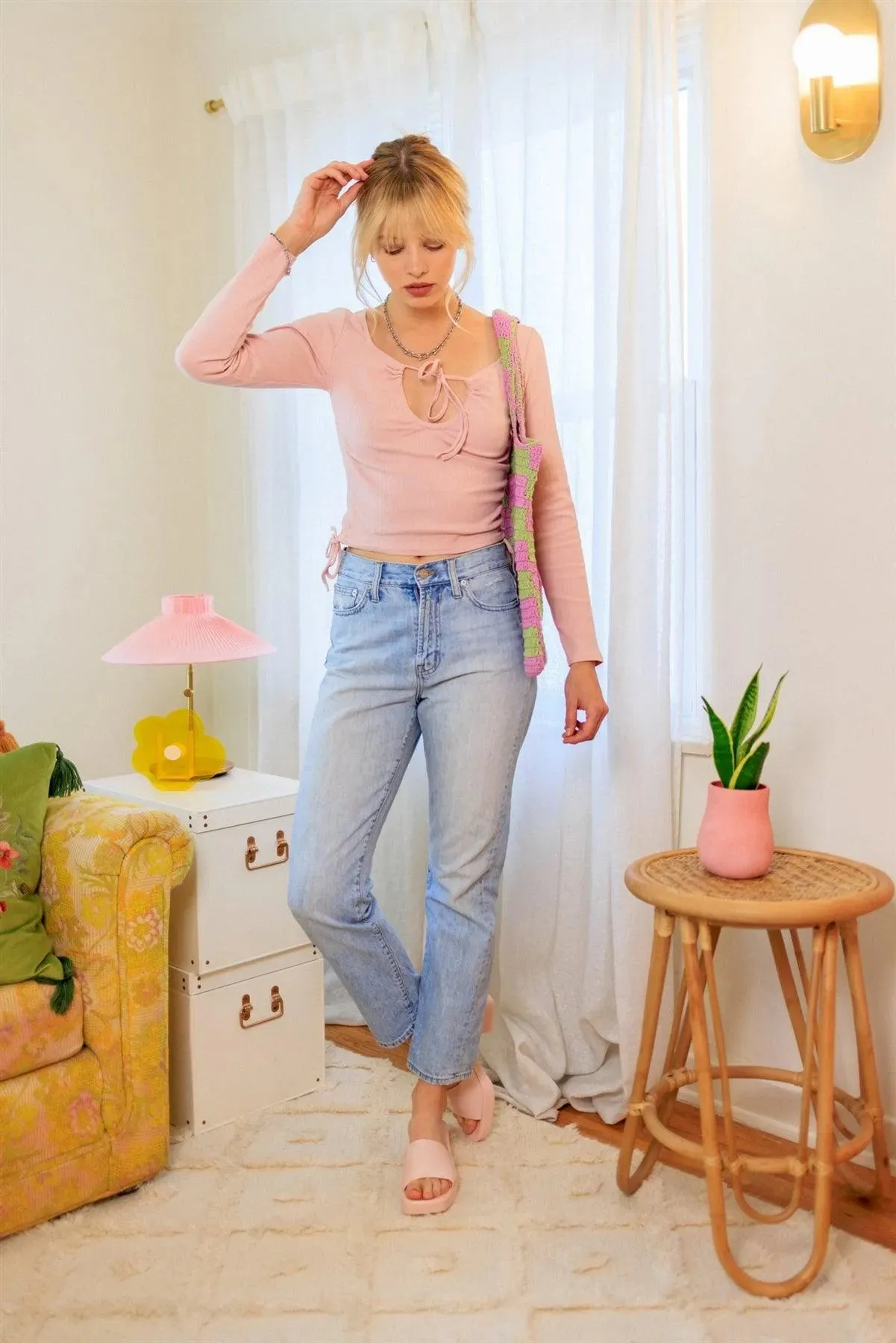 Blush Ruched Detail Ribbed Long Sleeve Crop Top /3-2-1