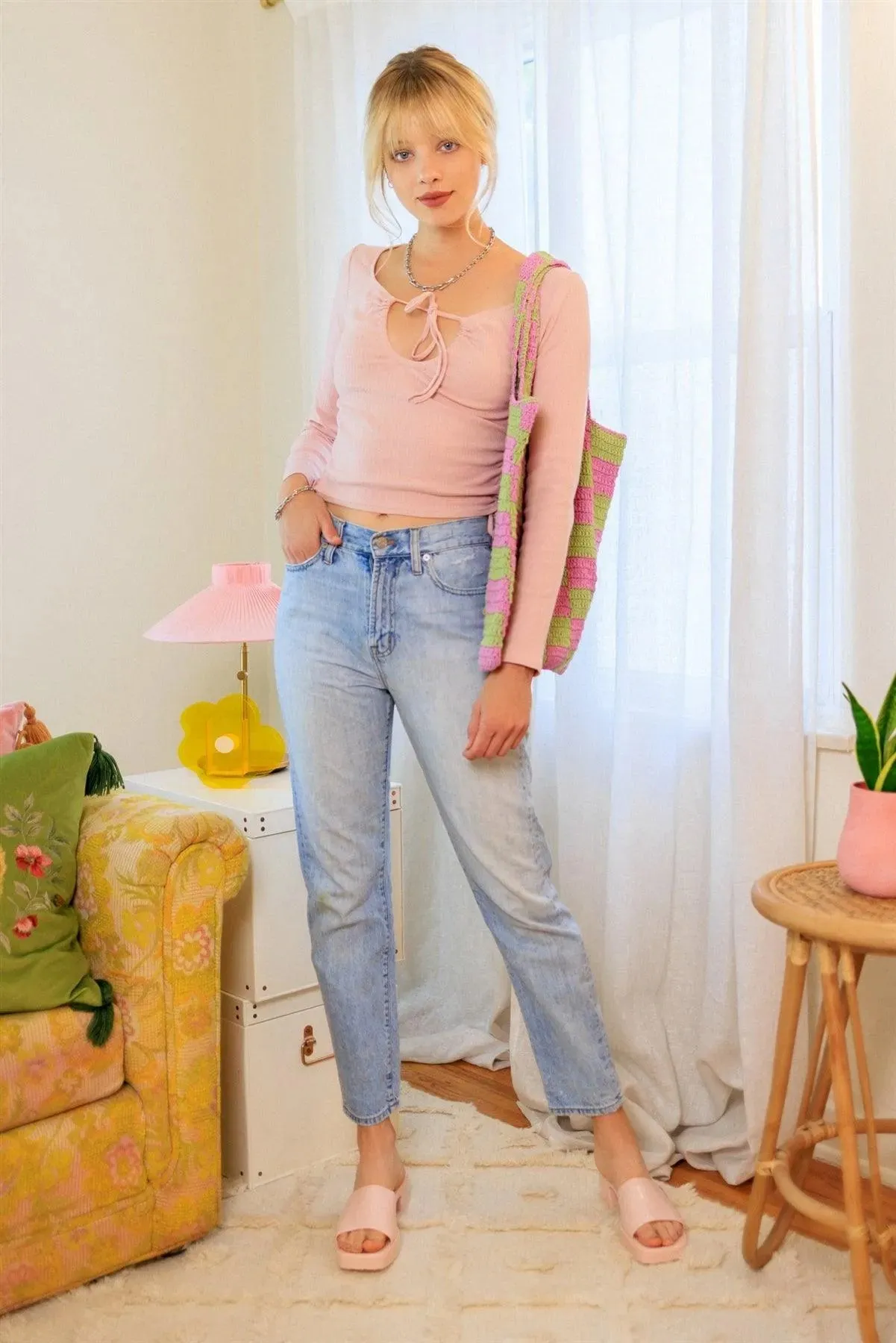 Blush Ruched Detail Ribbed Long Sleeve Crop Top /3-2-1