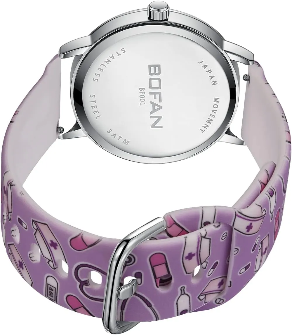 BOFAN Nurse Watch for Medical Professionals,Students,Doctors with Easy to Read Dial,Second Hand and 24 Hour,Soft Comfort Print Silicone Band,Water Resistant