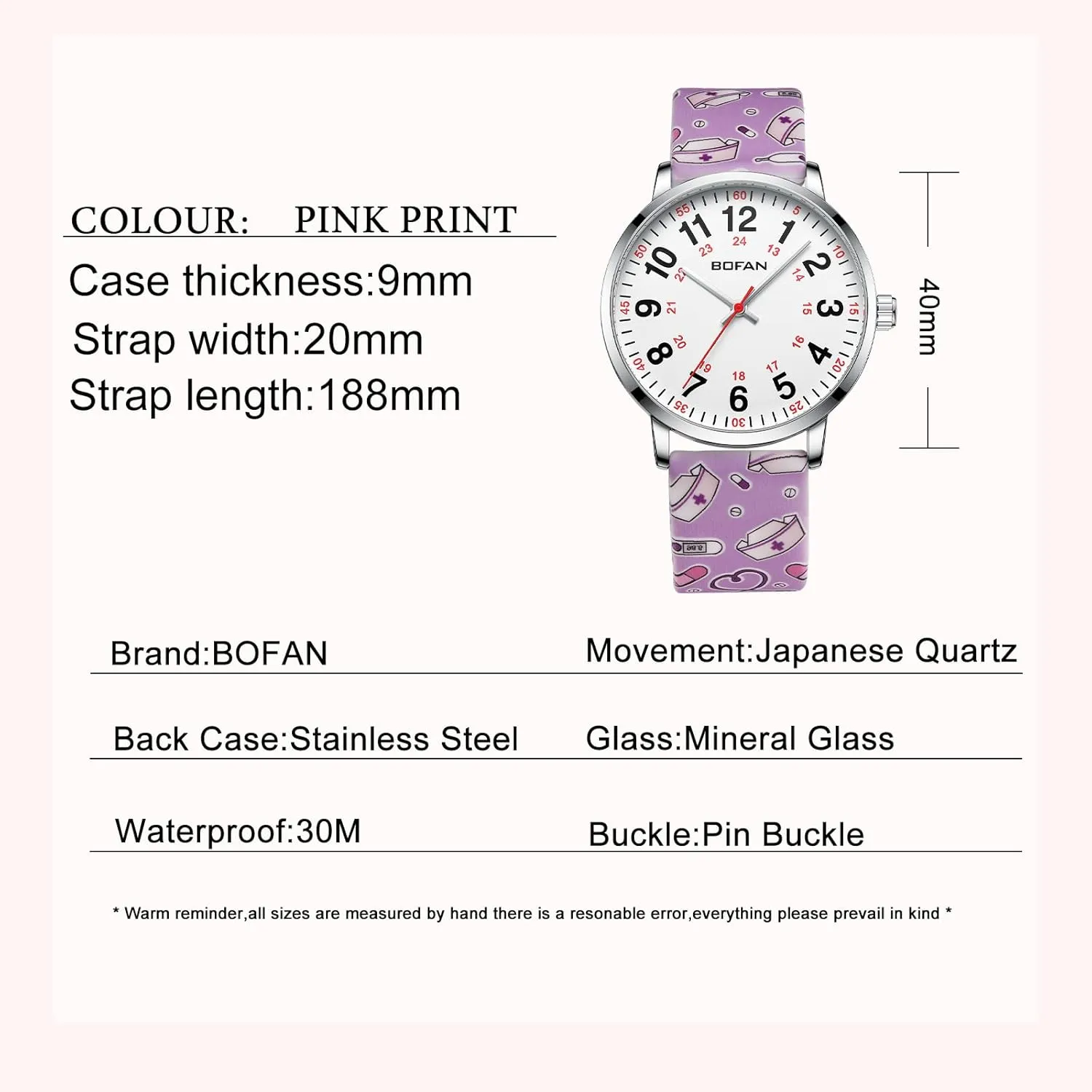 BOFAN Nurse Watch for Medical Professionals,Students,Doctors with Easy to Read Dial,Second Hand and 24 Hour,Soft Comfort Print Silicone Band,Water Resistant