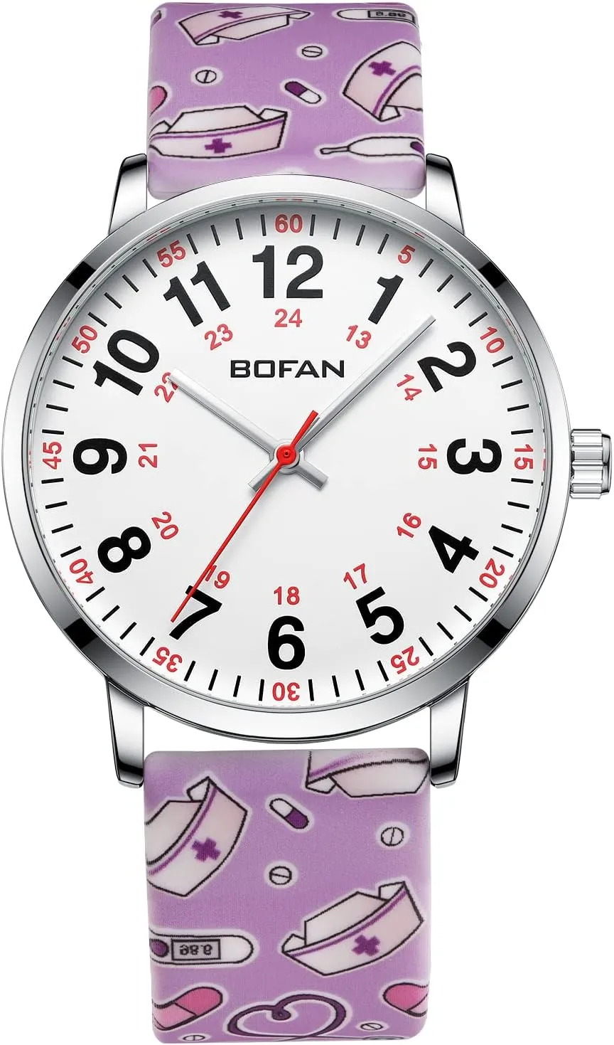 BOFAN Nurse Watch for Medical Professionals,Students,Doctors with Easy to Read Dial,Second Hand and 24 Hour,Soft Comfort Print Silicone Band,Water Resistant