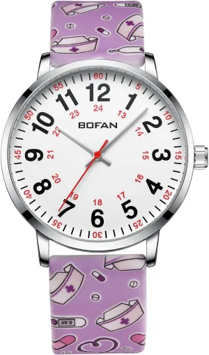 BOFAN Nurse Watch for Medical Professionals,Students,Doctors with Easy to Read Dial,Second Hand and 24 Hour,Soft Comfort Print Silicone Band,Water Resistant