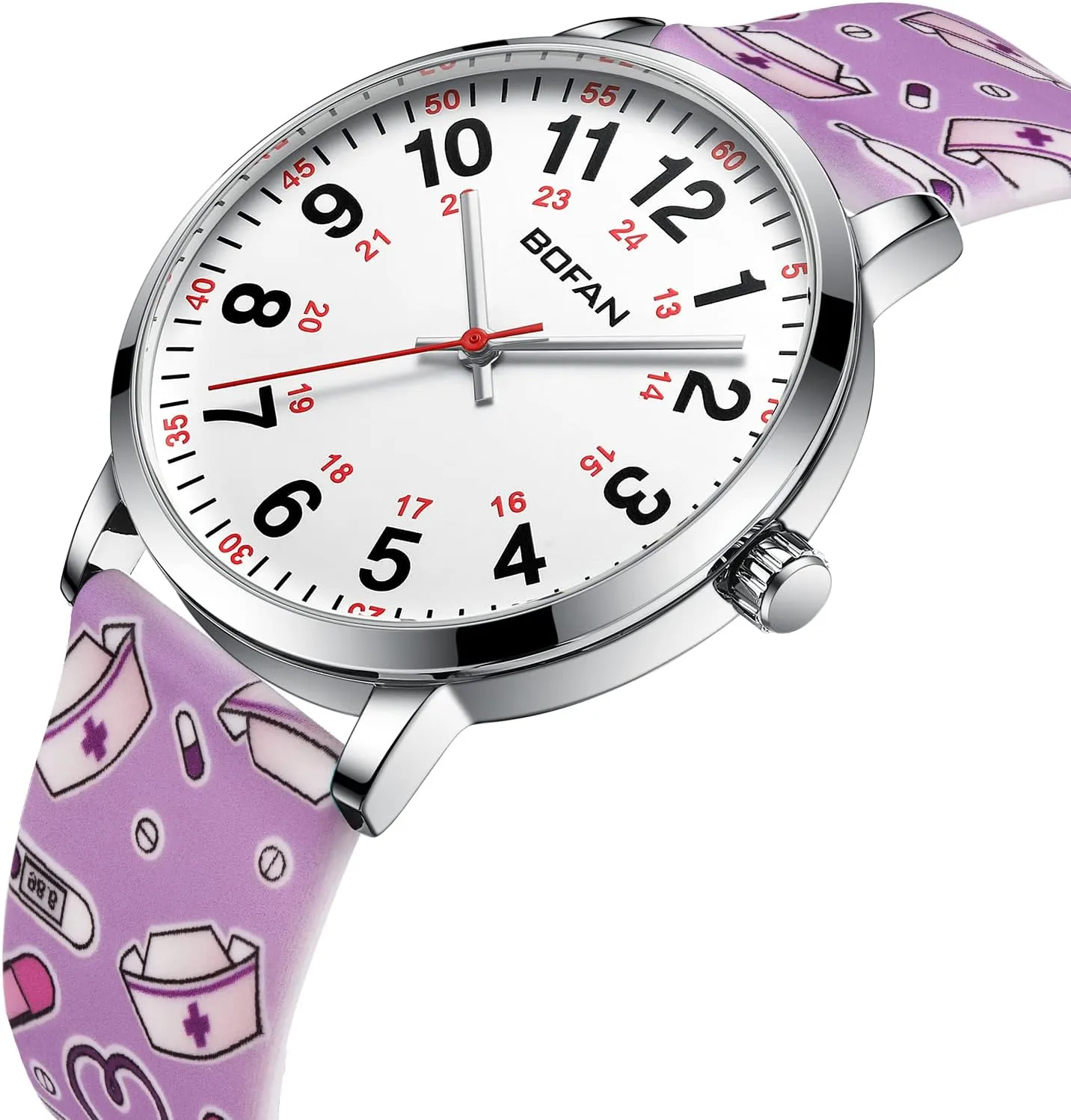 BOFAN Nurse Watch for Medical Professionals,Students,Doctors with Easy to Read Dial,Second Hand and 24 Hour,Soft Comfort Print Silicone Band,Water Resistant
