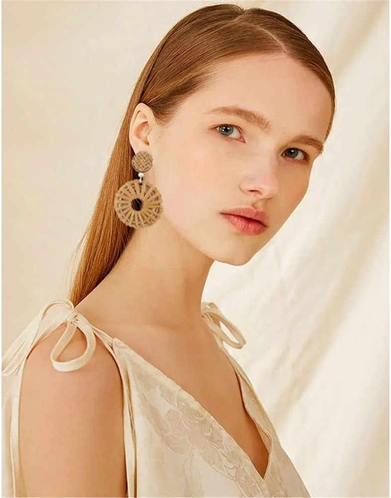 Bohemian Handmade Lightweight Rattan Earrings Geometric Wooden Woven Hollow Braid Hoop Drop Dangle Earrings For Women