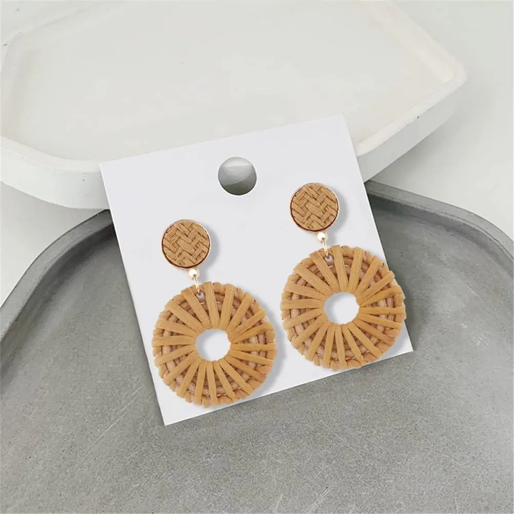 Bohemian Handmade Lightweight Rattan Earrings Geometric Wooden Woven Hollow Braid Hoop Drop Dangle Earrings For Women