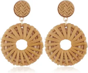 Bohemian Handmade Lightweight Rattan Earrings Geometric Wooden Woven Hollow Braid Hoop Drop Dangle Earrings For Women