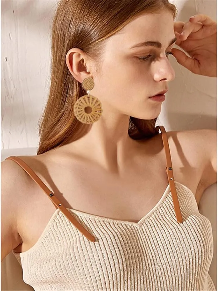 Bohemian Handmade Lightweight Rattan Earrings Geometric Wooden Woven Hollow Braid Hoop Drop Dangle Earrings For Women
