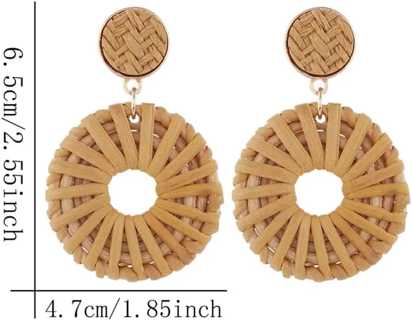 Bohemian Handmade Lightweight Rattan Earrings Geometric Wooden Woven Hollow Braid Hoop Drop Dangle Earrings For Women