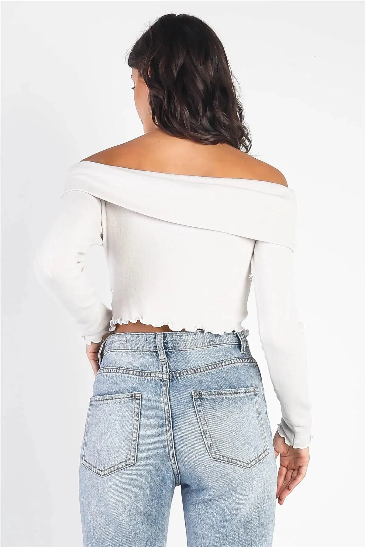 Bone Flannel Off-The-Shoulder Lettuce Edge Collared Top /3-2-1