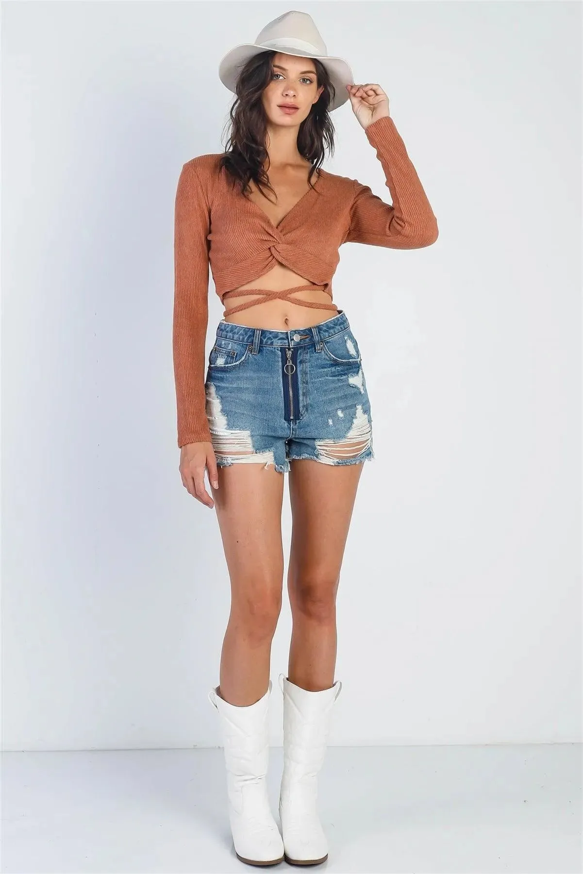 Brick Ribbed Flannel Front Twist Detail Wrap Around Crop Top