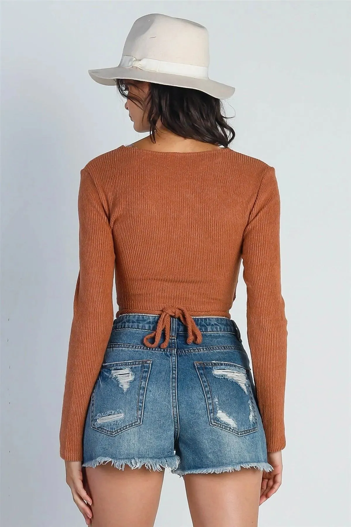 Brick Ribbed Flannel Front Twist Detail Wrap Around Crop Top