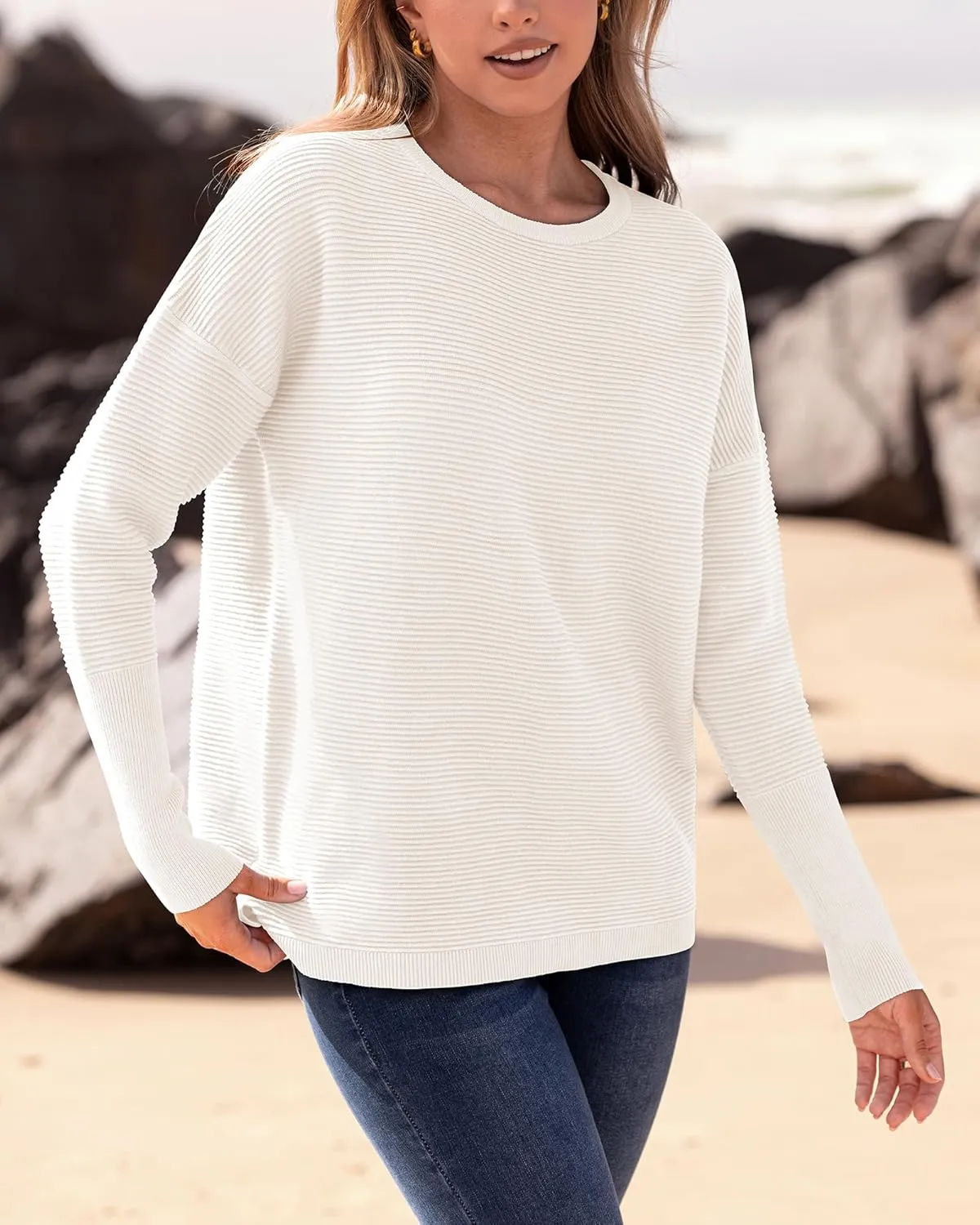BTFBM Casual Women 2025 Fall Sweater Long Sleeve Ribbed Knit Pullover Loose Crewneck Batwing Split Sweater