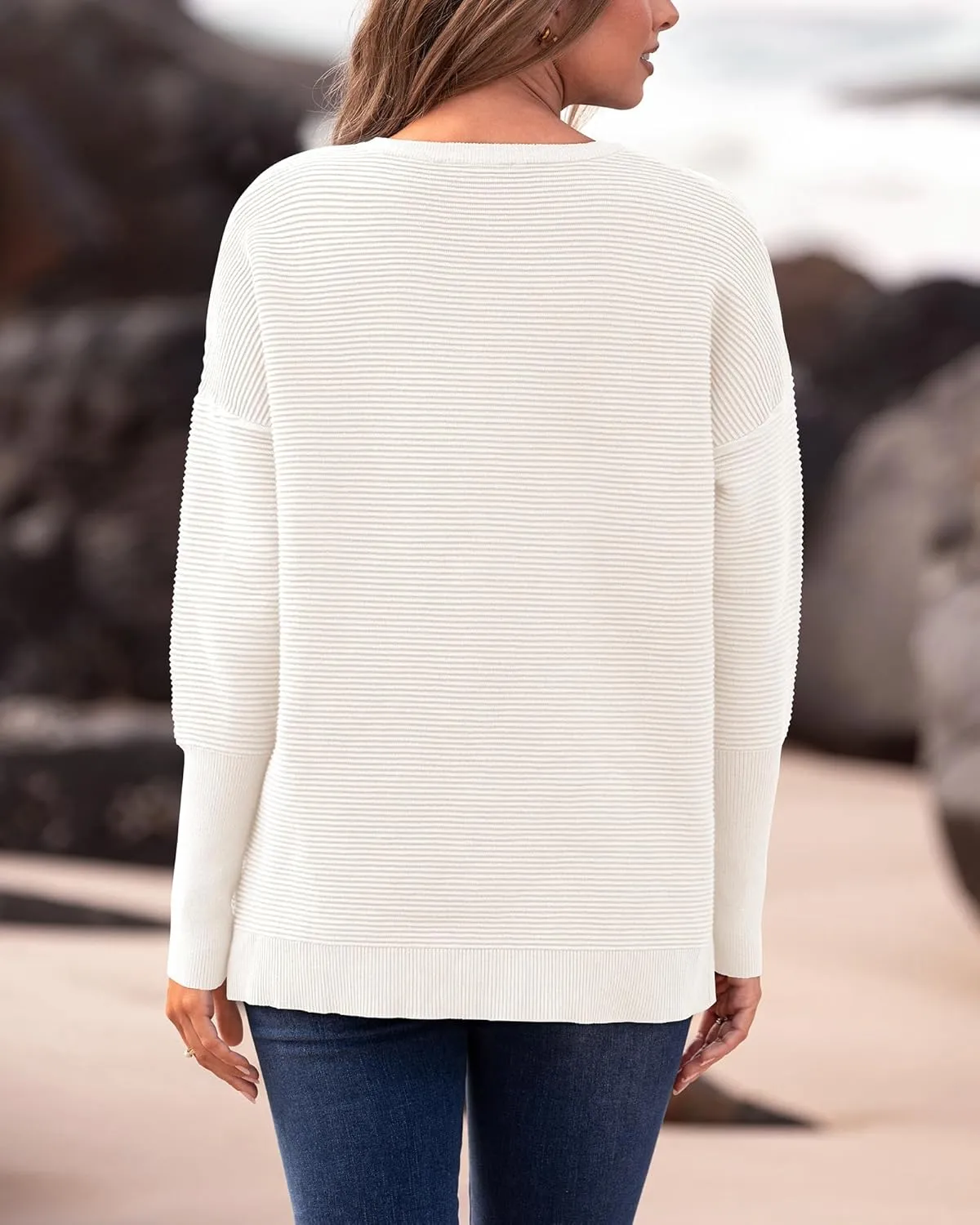 BTFBM Casual Women 2025 Fall Sweater Long Sleeve Ribbed Knit Pullover Loose Crewneck Batwing Split Sweater
