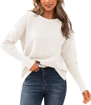 BTFBM Casual Women 2025 Fall Sweater Long Sleeve Ribbed Knit Pullover Loose Crewneck Batwing Split Sweater