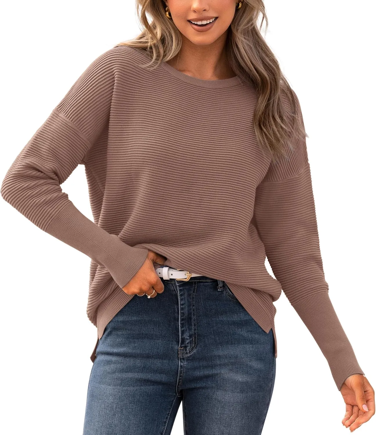 BTFBM Casual Women 2025 Fall Sweater Long Sleeve Ribbed Knit Pullover Loose Crewneck Batwing Split Sweater