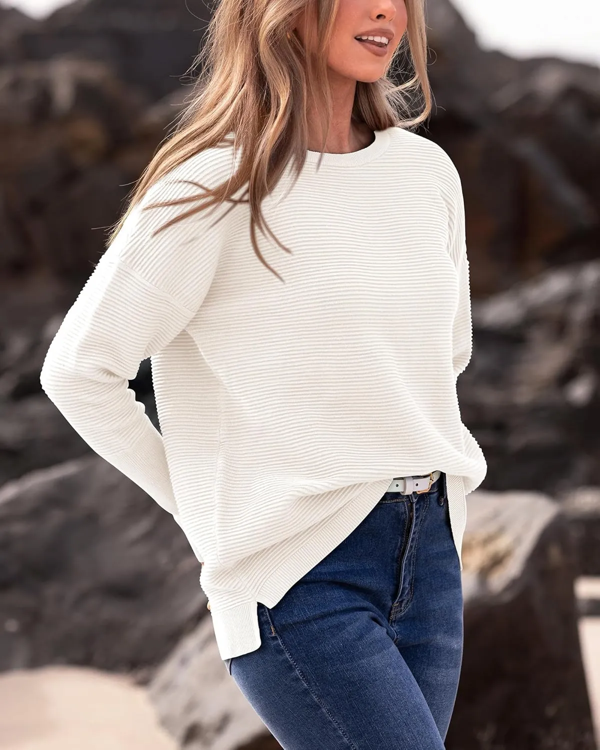 BTFBM Casual Women 2025 Fall Sweater Long Sleeve Ribbed Knit Pullover Loose Crewneck Batwing Split Sweater