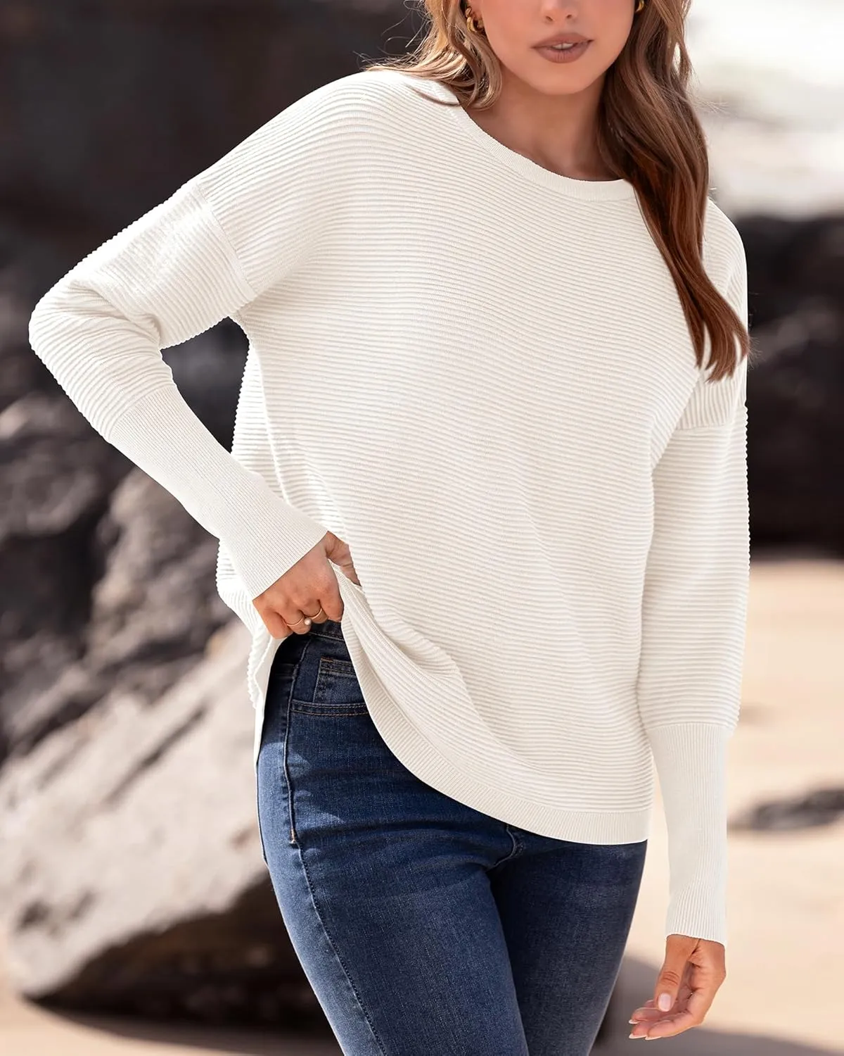 BTFBM Casual Women 2025 Fall Sweater Long Sleeve Ribbed Knit Pullover Loose Crewneck Batwing Split Sweater
