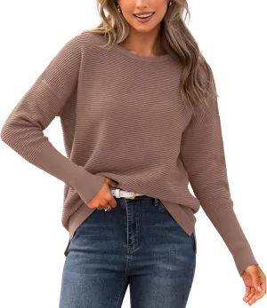 BTFBM Casual Women 2025 Fall Sweater Long Sleeve Ribbed Knit Pullover Loose Crewneck Batwing Split Sweater