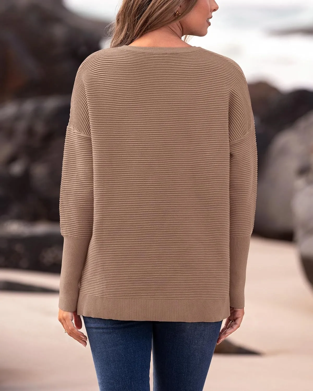 BTFBM Casual Women 2025 Fall Sweater Long Sleeve Ribbed Knit Pullover Loose Crewneck Batwing Split Sweater