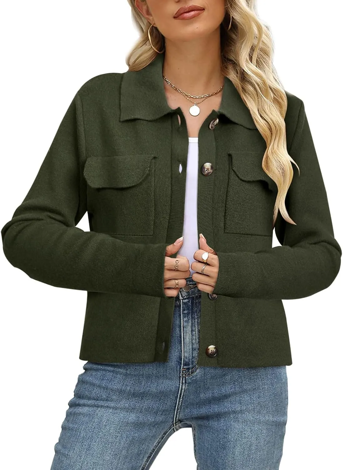 BZB Women Long Sleeve Sweater Cardigan Collared Button Up Open Front Cropped Knit Jackets with Pockets