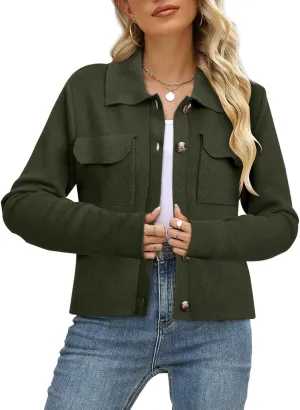 BZB Women Long Sleeve Sweater Cardigan Collared Button Up Open Front Cropped Knit Jackets with Pockets