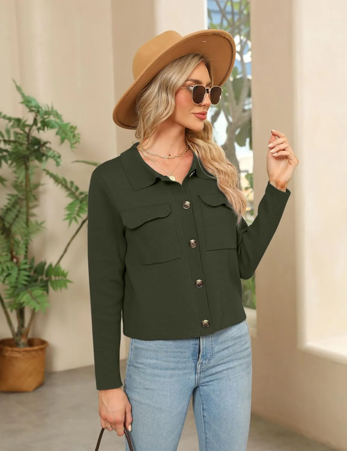 BZB Women Long Sleeve Sweater Cardigan Collared Button Up Open Front Cropped Knit Jackets with Pockets