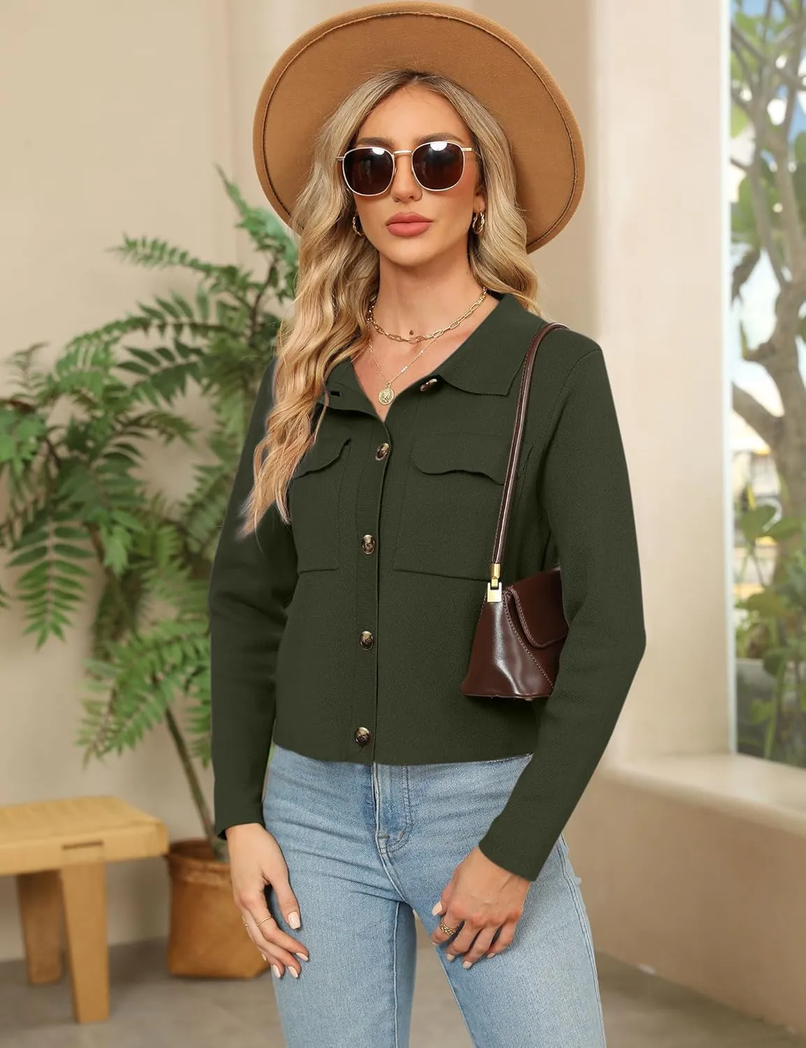 BZB Women Long Sleeve Sweater Cardigan Collared Button Up Open Front Cropped Knit Jackets with Pockets