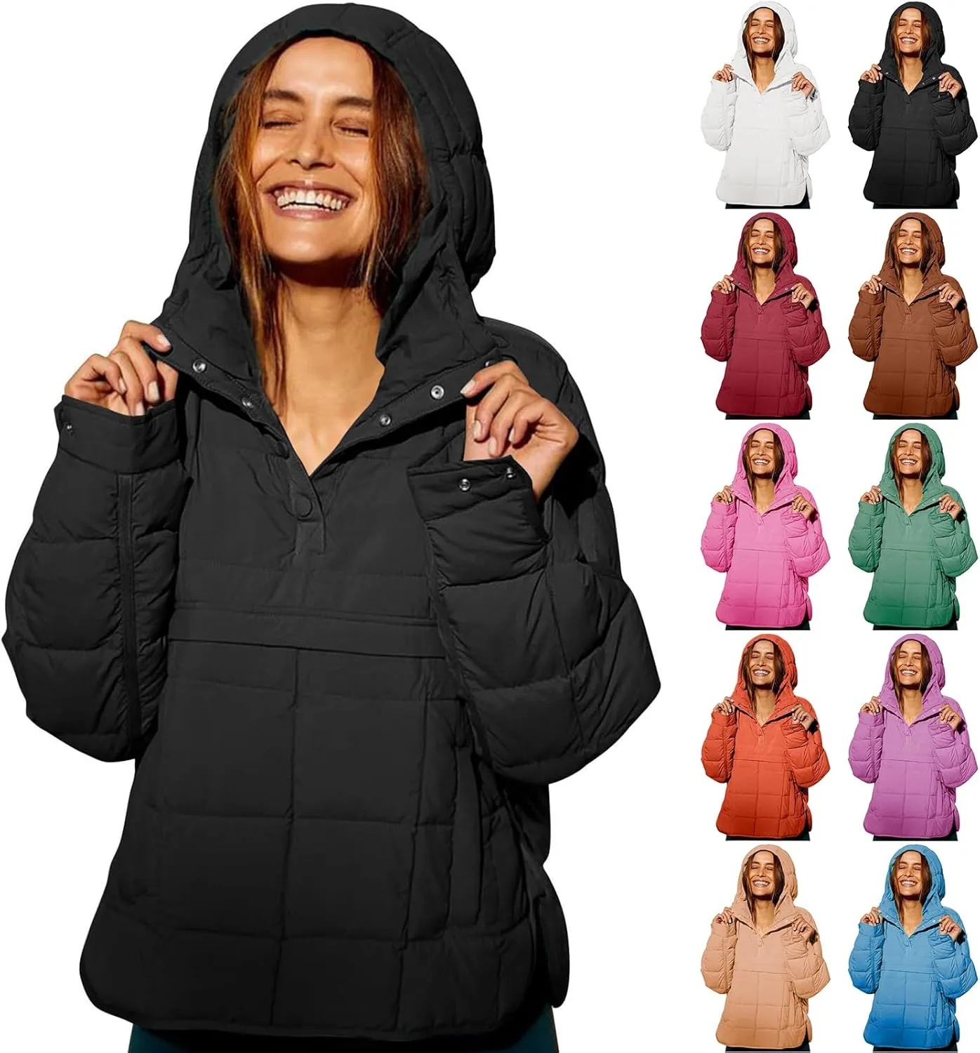 Canbebig Lightweight Puffer Jacket Women Quilted Pullover Puffer Jacket Packable Down Coat Oversized Hoodies Warm Winter Coat