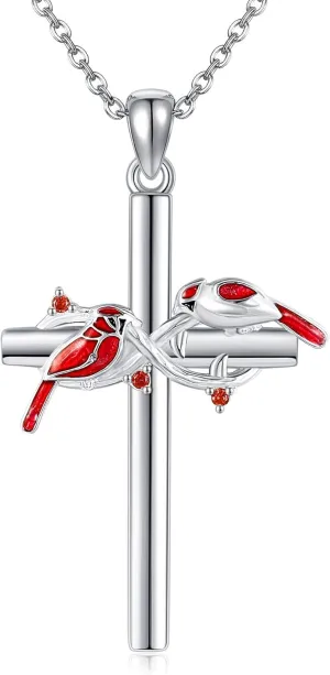 Cardinal Necklace Sterling Silver Red Cardinal Cross Pendant Bird Mother's Day Jewelry for Women Mom