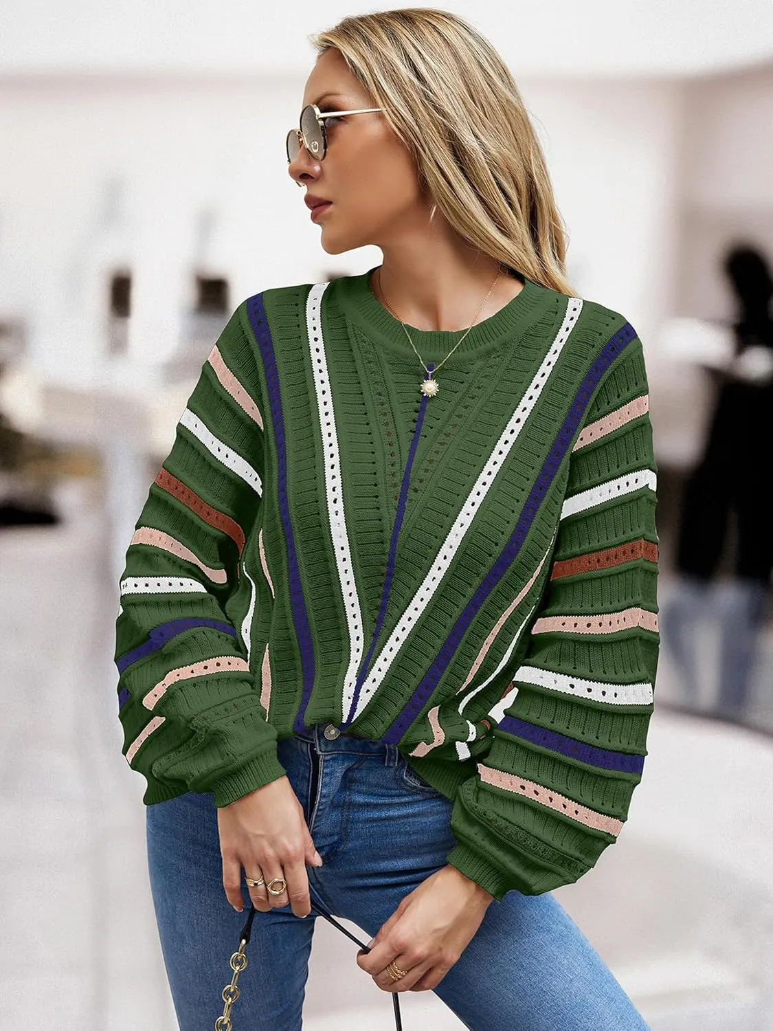 CCTOO Womens Striped Pullover Sweaters: Casual Color Block Crew Neck Long Sleeve Crochet Hollow Out Knit Sweater Tops