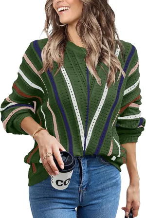 CCTOO Womens Striped Pullover Sweaters: Casual Color Block Crew Neck Long Sleeve Crochet Hollow Out Knit Sweater Tops