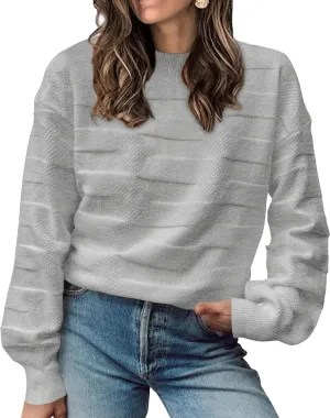 CCTOO Womens Striped Pullover Sweaters: Casual Color Block Crew Neck Long Sleeve Crochet Hollow Out Knit Sweater Tops