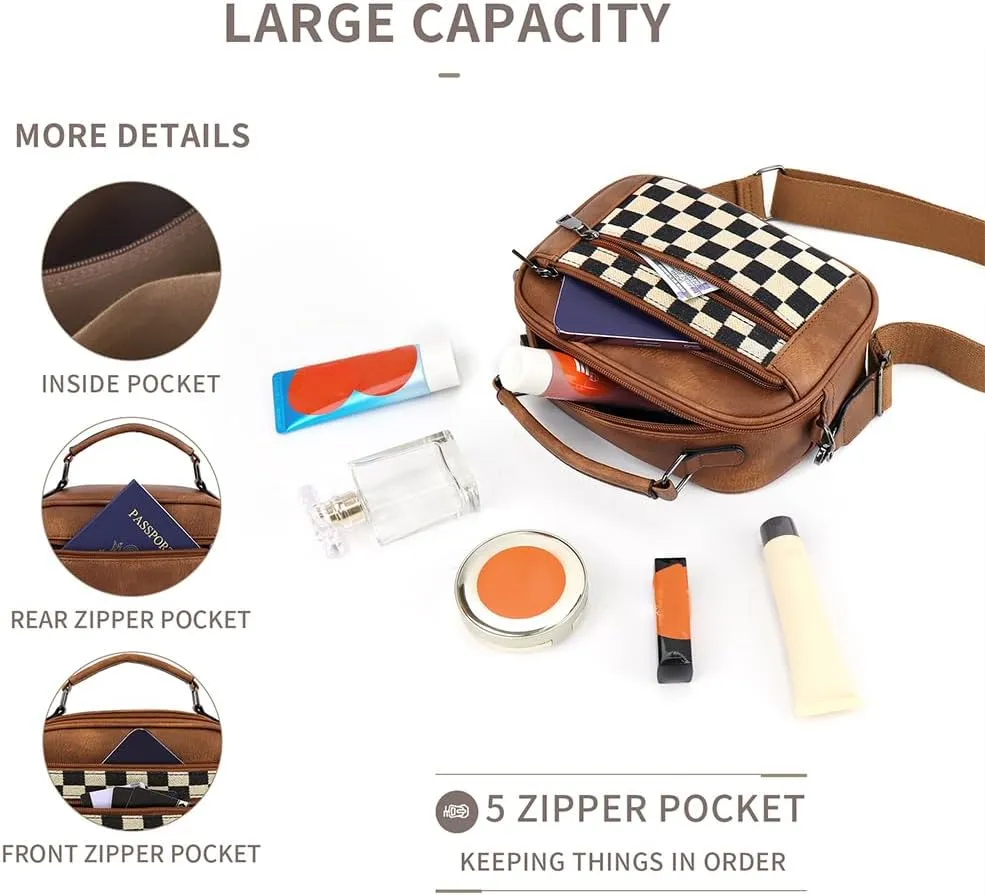 Checkered Crossbody Bags for Women Plaid Womens Cross Body Purses Checkerboard Leather Shoulder Bag Handbags