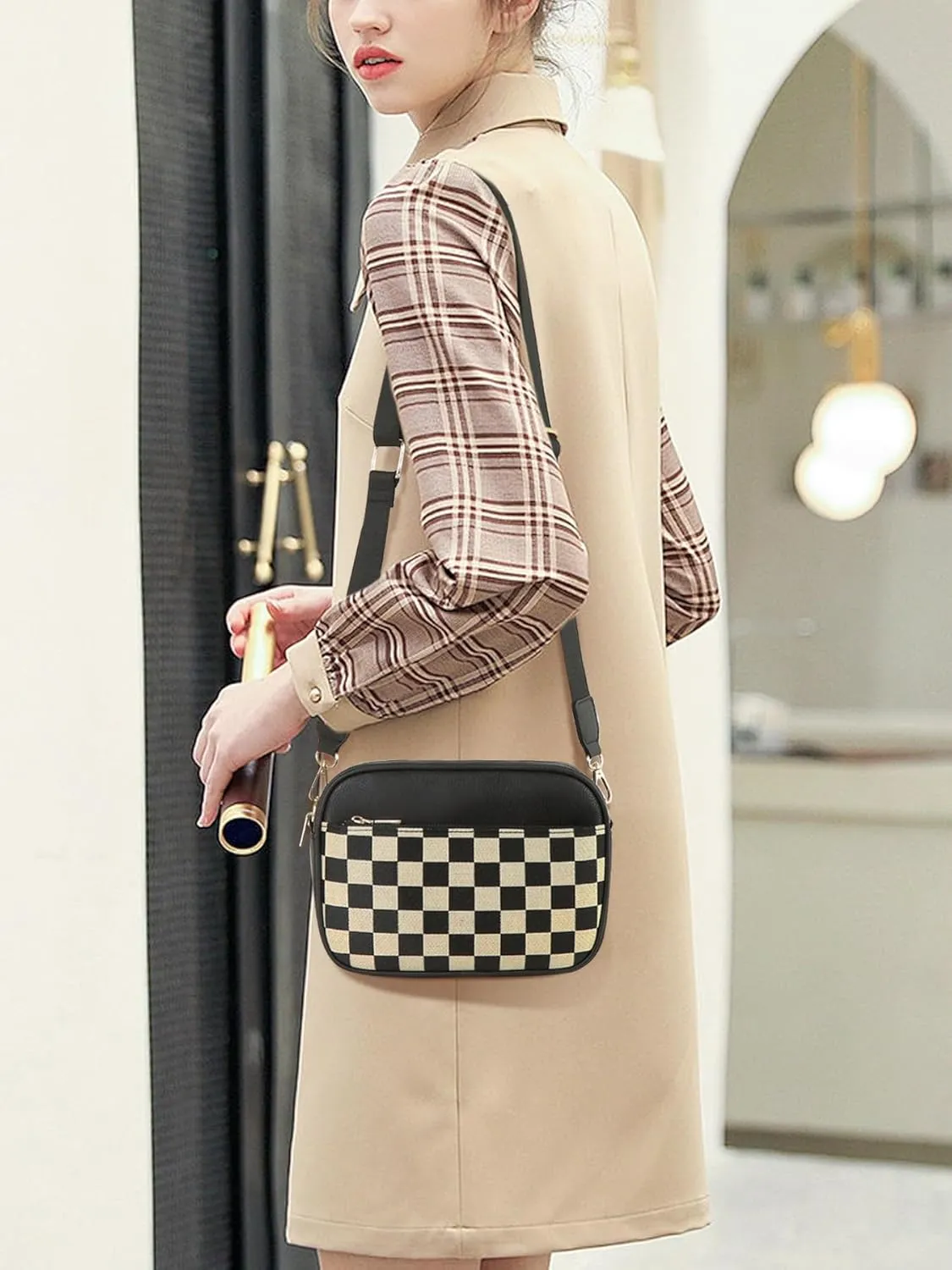 Checkered Crossbody Bags for Women Plaid Womens Cross Body Purses Checkerboard Leather Shoulder Bag Handbags