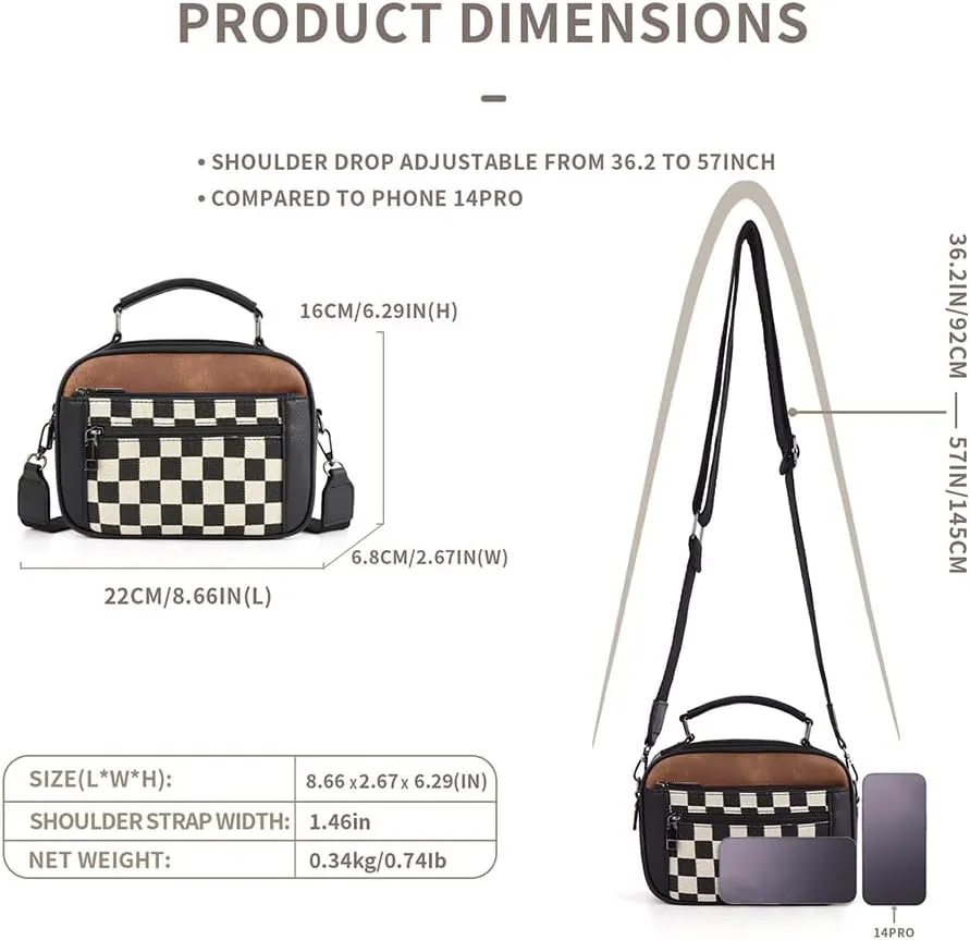 Checkered Crossbody Bags for Women Plaid Womens Cross Body Purses Checkerboard Leather Shoulder Bag Handbags