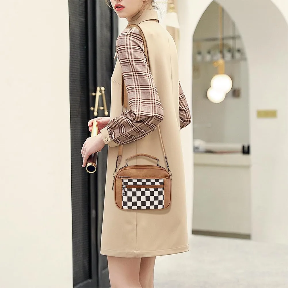 Checkered Crossbody Bags for Women Plaid Womens Cross Body Purses Checkerboard Leather Shoulder Bag Handbags