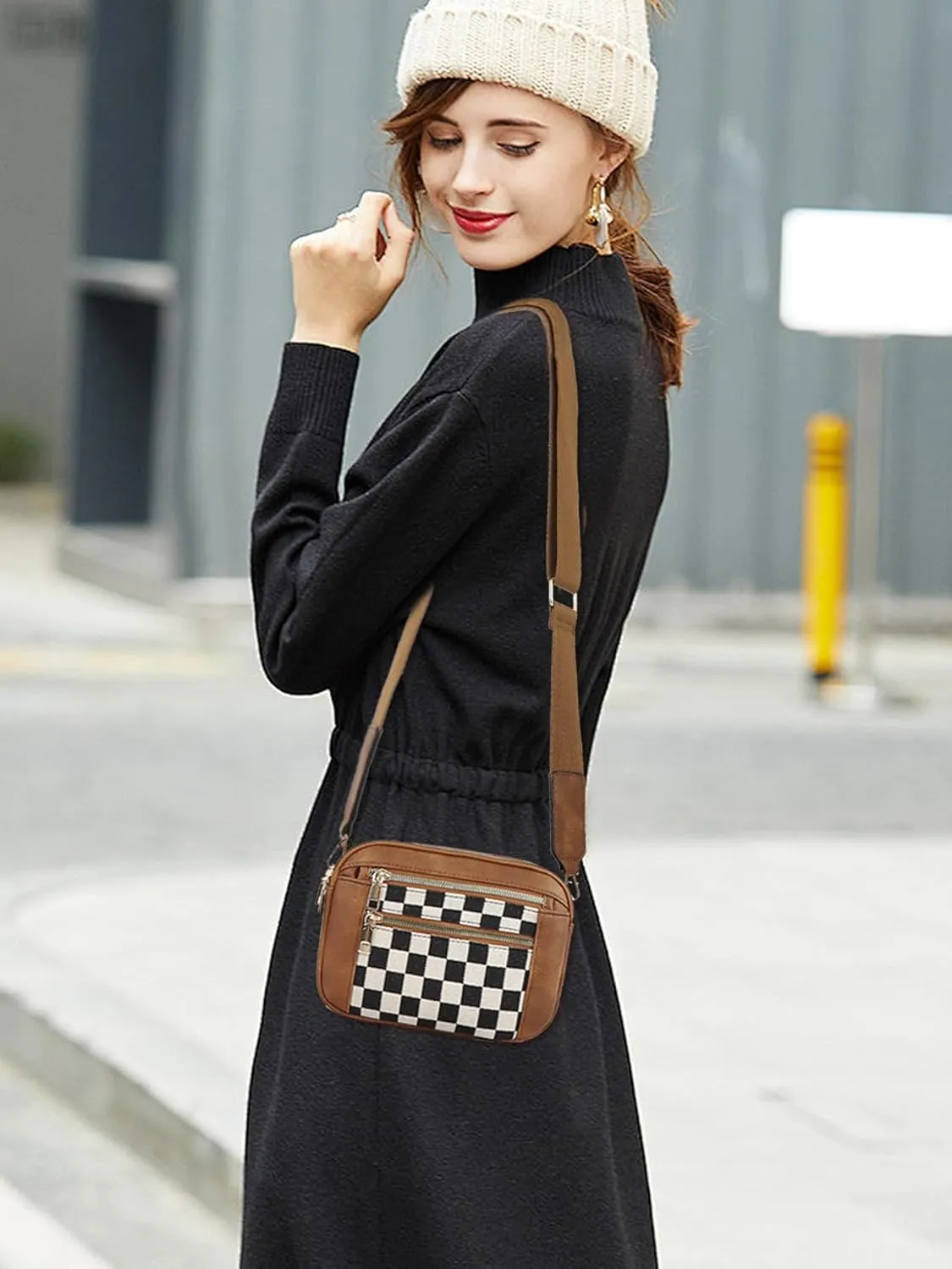 Checkered Crossbody Bags for Women Plaid Womens Cross Body Purses Checkerboard Leather Shoulder Bag Handbags