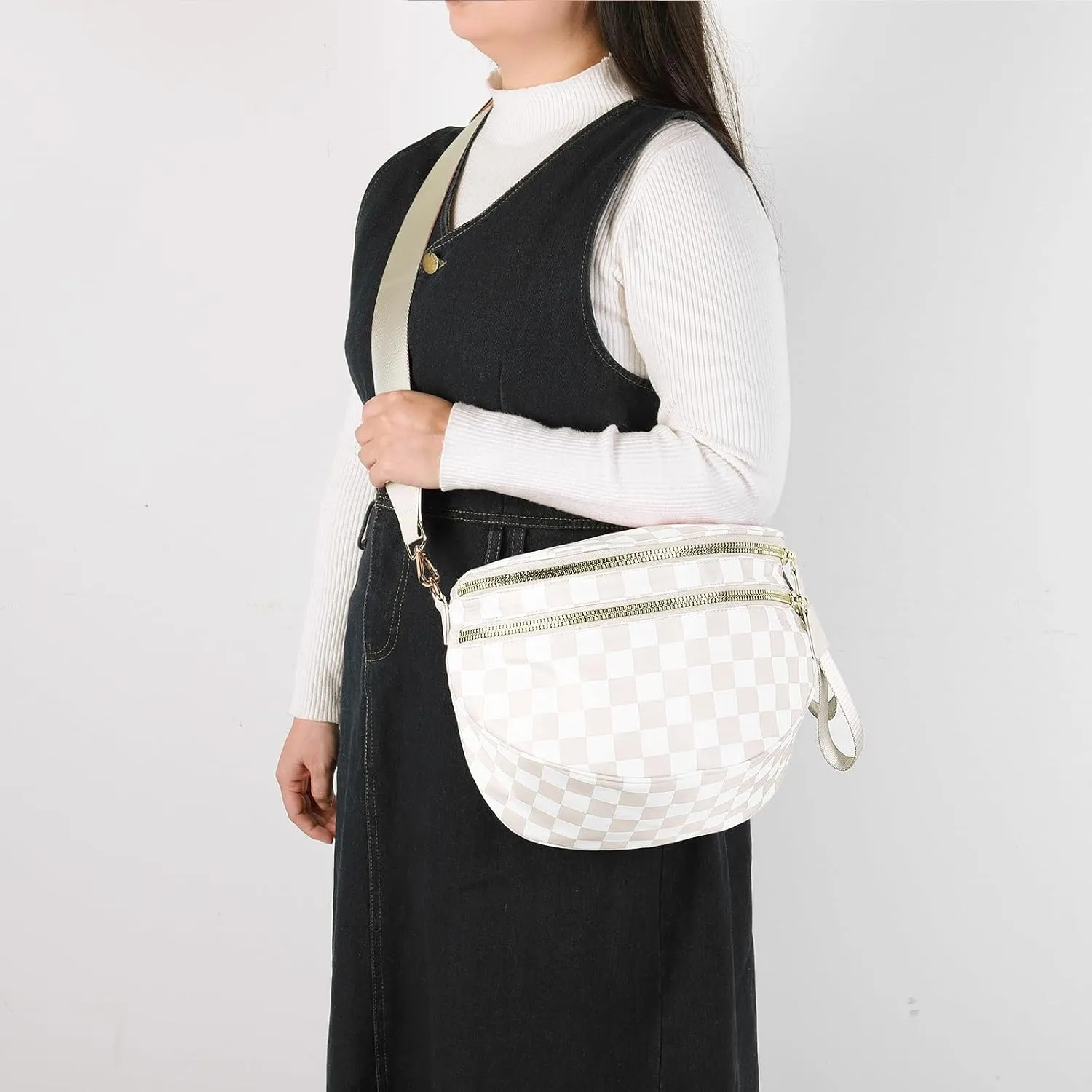 Checkered Crossbody Bum Bags for Women Nylon Checkered Purse Checkerboard Fanny Pack