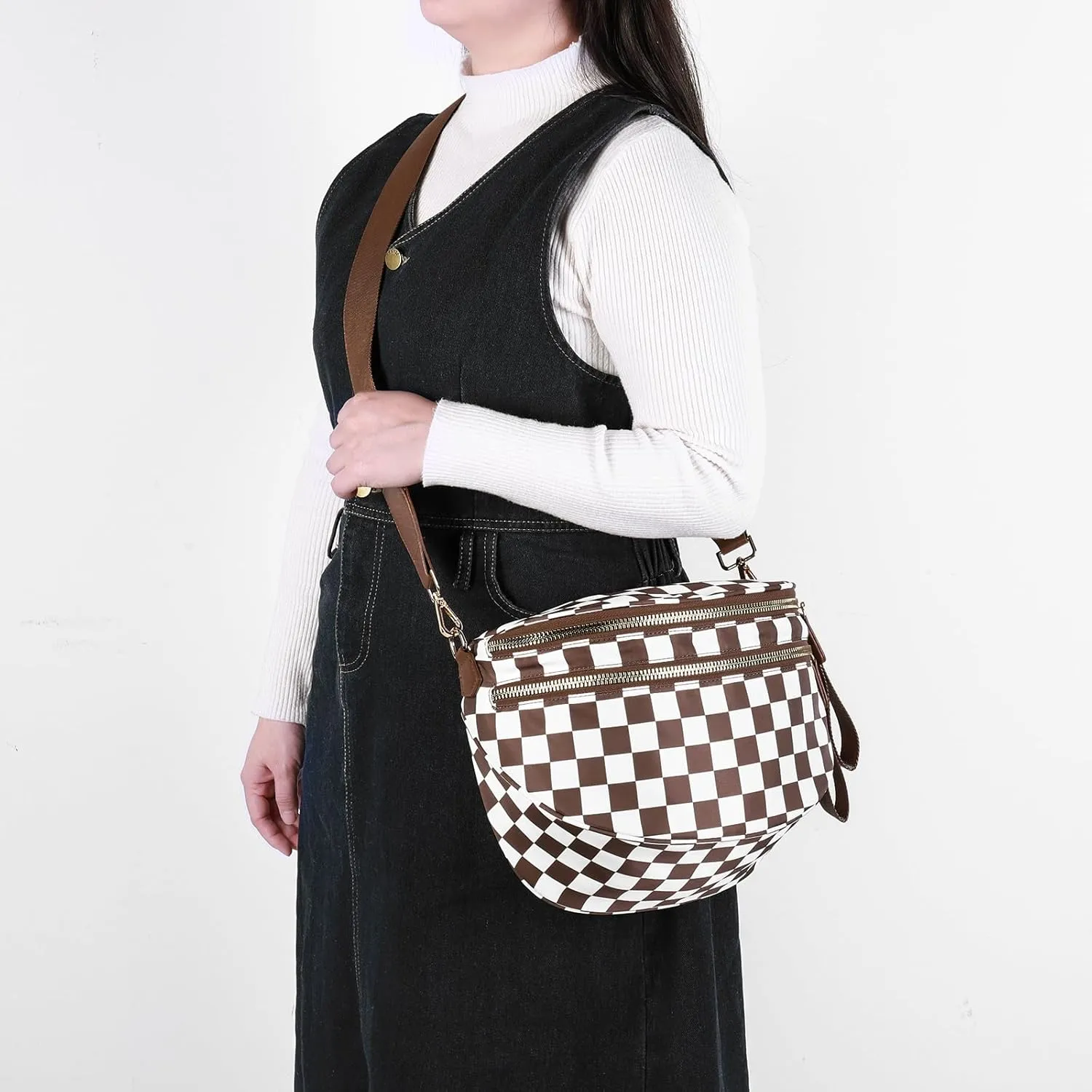 Checkered Crossbody Bum Bags for Women Nylon Checkered Purse Checkerboard Fanny Pack
