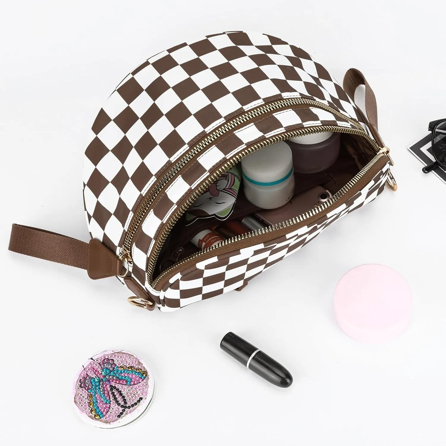 Checkered Crossbody Bum Bags for Women Nylon Checkered Purse Checkerboard Fanny Pack
