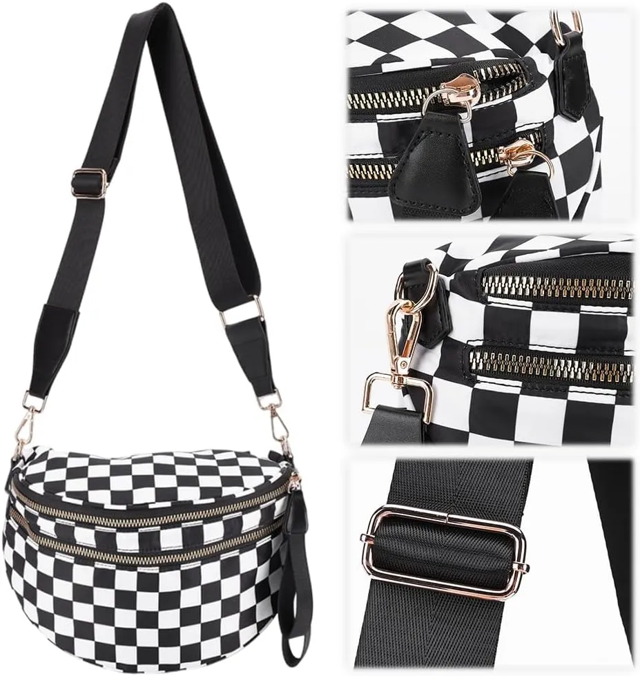 Checkered Crossbody Bum Bags for Women Nylon Checkered Purse Checkerboard Fanny Pack