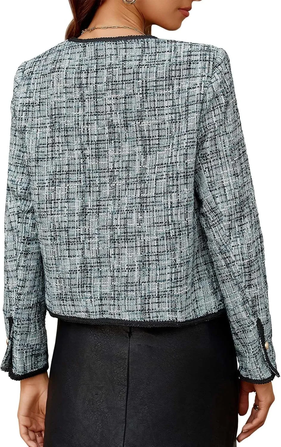 Cicy Bell Womens Cropped Tweed Blazer Jackets Collarless Long Sleeve Work Business Casual Outfits