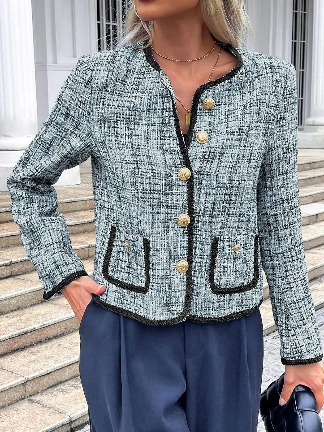 Cicy Bell Womens Cropped Tweed Blazer Jackets Collarless Long Sleeve Work Business Casual Outfits