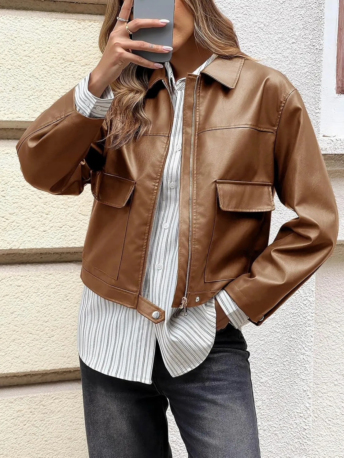 Cicy Bell Womens Faux Leather Bomber Jackets Zip Up Cropped Lapel Moto Coats Trendy Casual Outerwear with Pockets