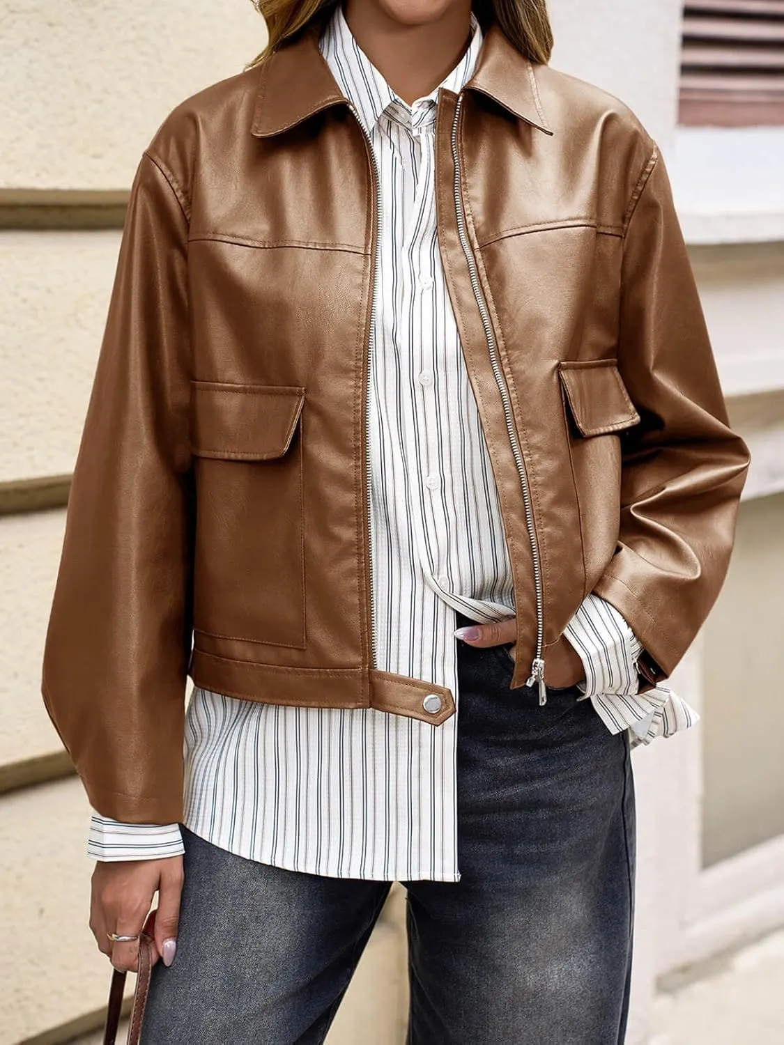 Cicy Bell Womens Faux Leather Bomber Jackets Zip Up Cropped Lapel Moto Coats Trendy Casual Outerwear with Pockets