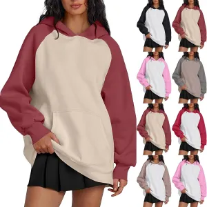 Color Block Hoodies for Women Trendy Oversized Raglan Sweatshirts Lightweight Fleece Cute Hoodies with Pockets