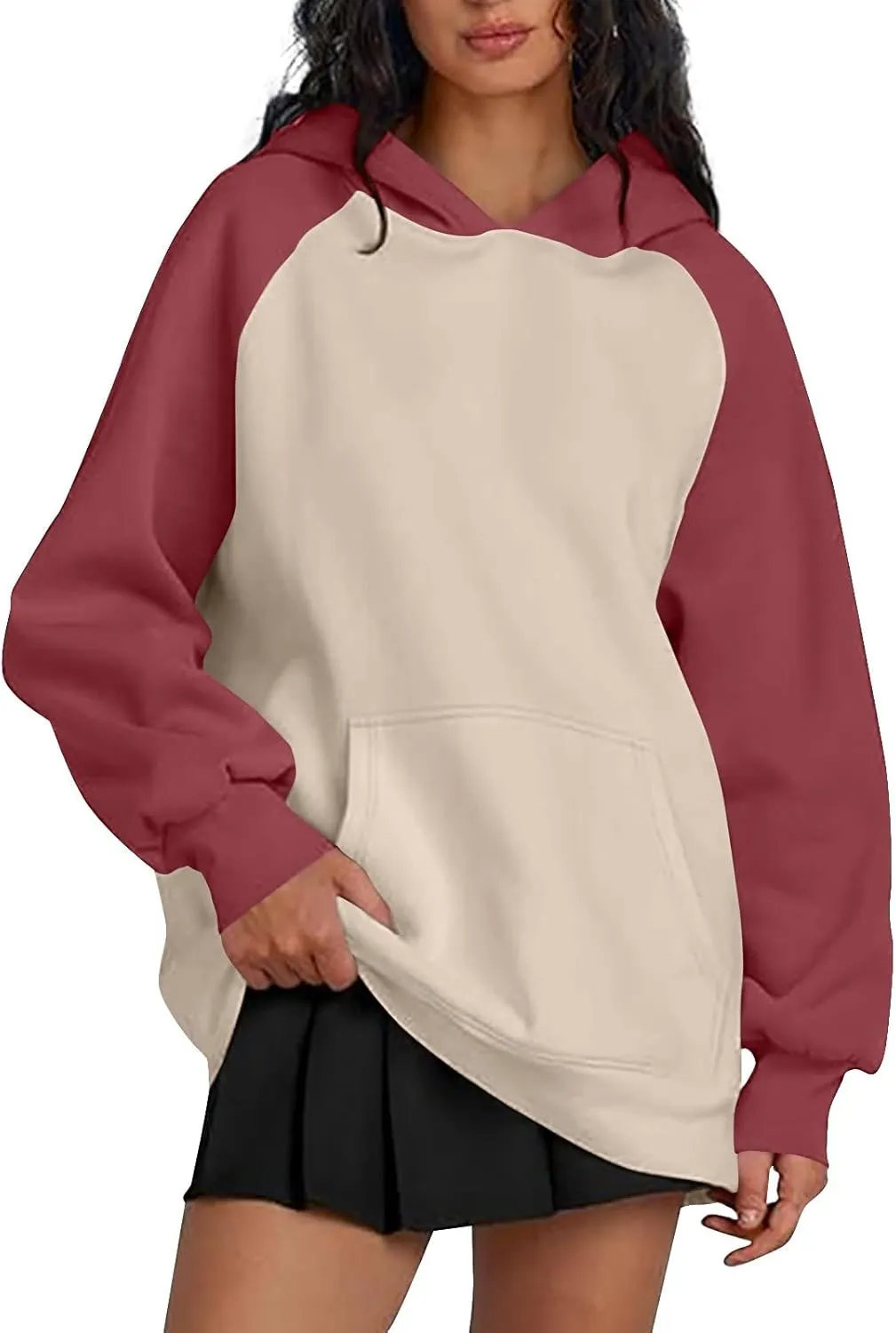 Color Block Hoodies for Women Trendy Oversized Raglan Sweatshirts Lightweight Fleece Cute Hoodies with Pockets