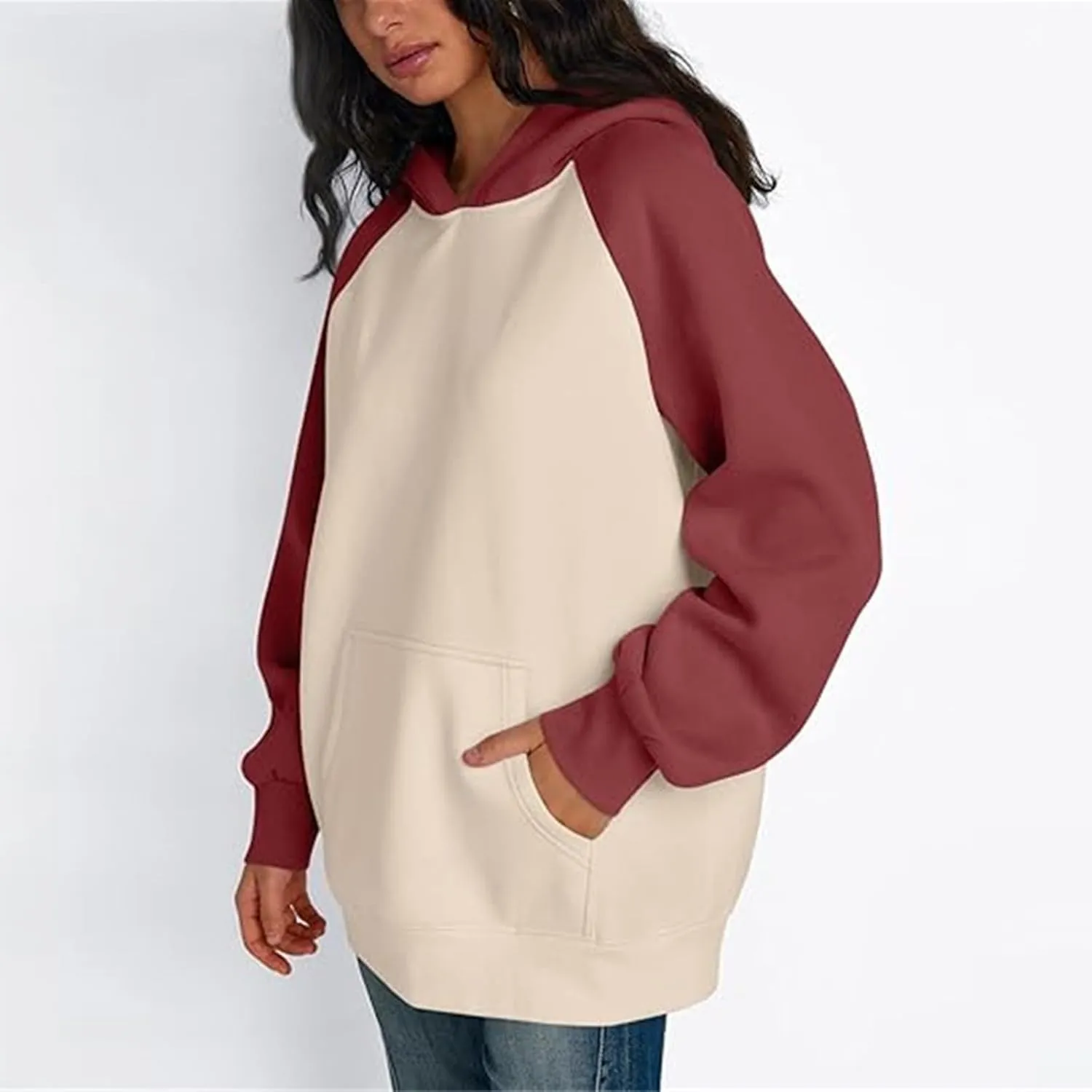 Color Block Hoodies for Women Trendy Oversized Raglan Sweatshirts Lightweight Fleece Cute Hoodies with Pockets