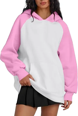 Color Block Hoodies for Women Trendy Oversized Raglan Sweatshirts Lightweight Fleece Cute Hoodies with Pockets